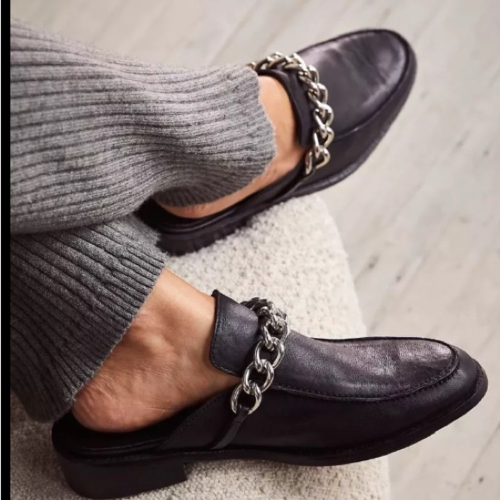 Black Leather Loafers with Chain Detail